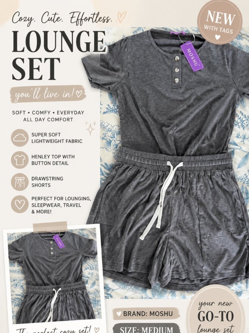 MOSHU Gray Lounge Set Medium NWT Pajama Set Matching Shorts Soft Comfy Loungewea